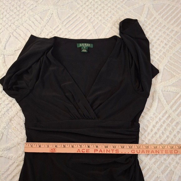 Lauren Ralph Lauren Black Faux Wrap Ruched V-Neck Dress 10P Petite 3/4 Sleeve - Picture 6 of 10